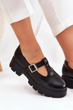 Hot Półbuty Damskie Z Klamrą Na Platformie I Płaskim Obcasie Czarne Venda Damskie Półbuty Skórzane