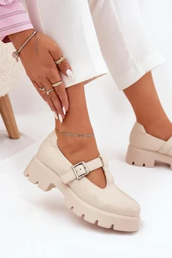 Online Półbuty Damskie Z Klamrą Na Platformie I Płaskim Obcasie Beżowe Venda Damskie Półbuty Skórzane