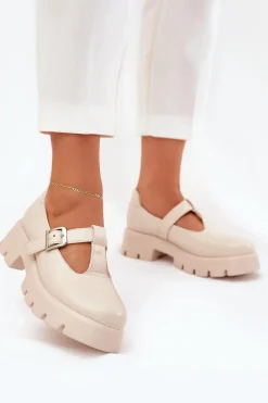 Online Półbuty Damskie Z Klamrą Na Platformie I Płaskim Obcasie Beżowe Venda Damskie Półbuty Skórzane
