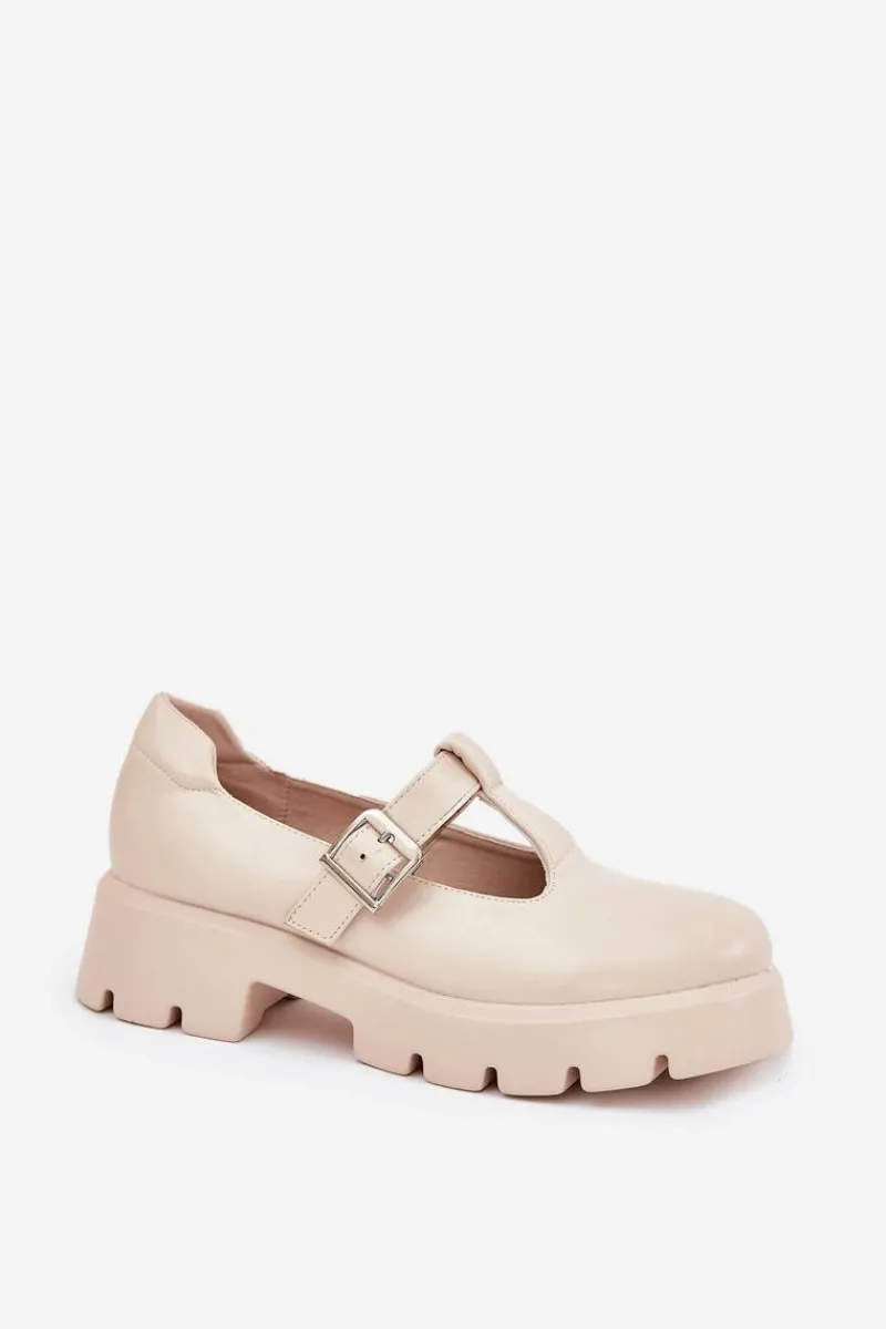 Online Półbuty Damskie Z Klamrą Na Platformie I Płaskim Obcasie Beżowe Venda Damskie Półbuty Skórzane