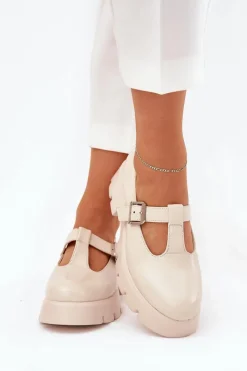 Online Półbuty Damskie Z Klamrą Na Platformie I Płaskim Obcasie Beżowe Venda Damskie Półbuty Skórzane