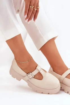 Online Półbuty Damskie Z Klamrą Na Platformie I Płaskim Obcasie Beżowe Venda Damskie Półbuty Skórzane