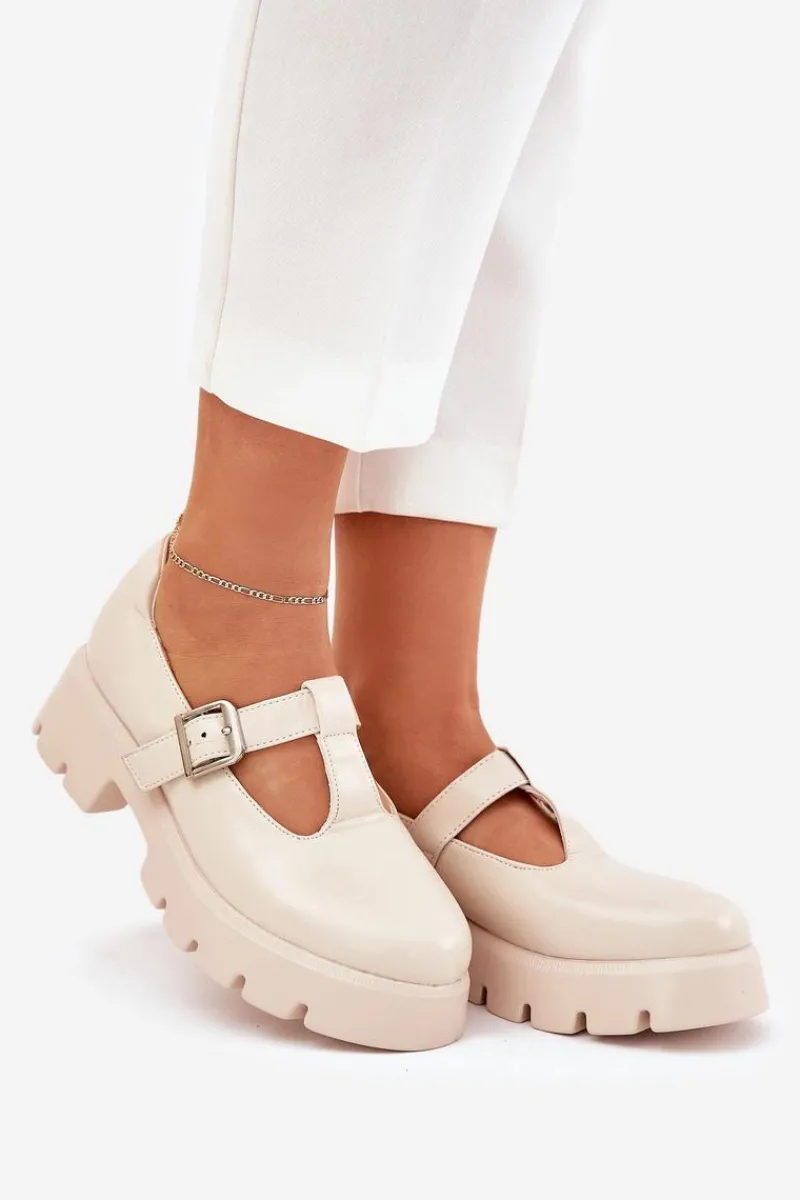 Online Półbuty Damskie Z Klamrą Na Platformie I Płaskim Obcasie Beżowe Venda Damskie Półbuty Skórzane
