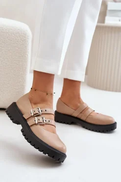 Clearance Półbuty Damskie Z Paskami Eko Skórzane Beżowe Terione Damskie Półbuty Skórzane