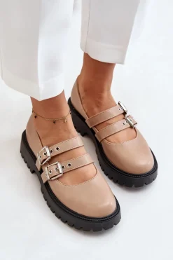 Clearance Półbuty Damskie Z Paskami Eko Skórzane Beżowe Terione Damskie Półbuty Skórzane