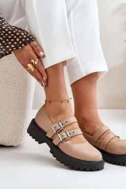 Clearance Półbuty Damskie Z Paskami Eko Skórzane Beżowe Terione Damskie Półbuty Skórzane