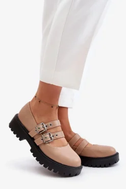 Clearance Półbuty Damskie Z Paskami Eko Skórzane Beżowe Terione Damskie Półbuty Skórzane