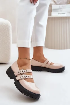 Boto Półbuty Damskie Z Paskami Lakierowane Beżowe Terione Beżowy