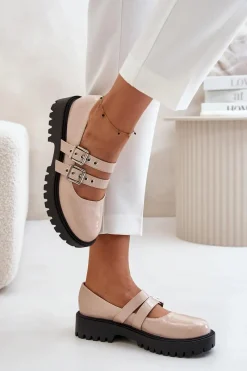 Boto Półbuty Damskie Z Paskami Lakierowane Beżowe Terione Beżowy