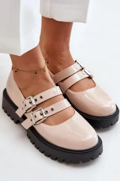 Boto Półbuty Damskie Z Paskami Lakierowane Beżowe Terione Beżowy