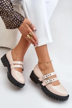 Boto Półbuty Damskie Z Paskami Lakierowane Beżowe Terione Beżowy