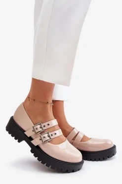 Boto Półbuty Damskie Z Paskami Lakierowane Beżowe Terione Beżowy