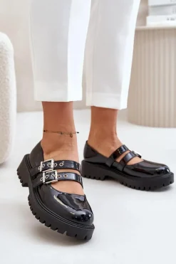 Hot Półbuty Damskie Z Paskami Lakierowane Czarne Terione Damskie Półbuty Lakierowane|Półbuty Skórzane