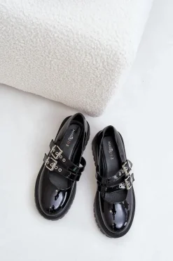 Hot Półbuty Damskie Z Paskami Lakierowane Czarne Terione Damskie Półbuty Lakierowane|Półbuty Skórzane