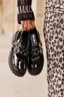 Hot Półbuty Damskie Z Paskami Lakierowane Czarne Terione Damskie Półbuty Lakierowane|Półbuty Skórzane