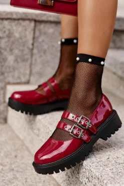Półbuty Lakierowane|Półbuty Skórzane>Boto Półbuty Damskie Z Paskami Lakierowane Bordowe Terione Czerwony