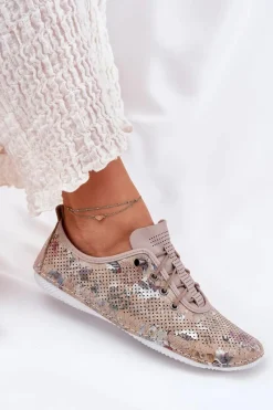 Best Półbuty Damskie Ze Skóry Naturalnej Wzorzyste 56C2689 Beżowe Damskie Półbuty Skórzane