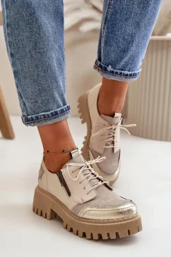 Półbuty Skórzane></noscript>Maciejka Półbuty Damskie Ze Skóry Naturalnej Beżowe 06177-04