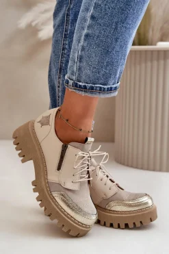 Półbuty Skórzane></noscript>Maciejka Półbuty Damskie Ze Skóry Naturalnej Beżowe 06177-04