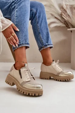 Półbuty Skórzane></noscript>Maciejka Półbuty Damskie Ze Skóry Naturalnej Beżowe 06177-04