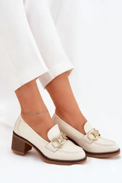 Outlet Boto Półbuty Damskie Ze Złotym Detalem Na Obcasie Beżowe Draciela