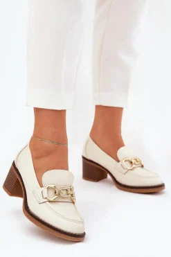 Outlet Boto Półbuty Damskie Ze Złotym Detalem Na Obcasie Beżowe Draciela