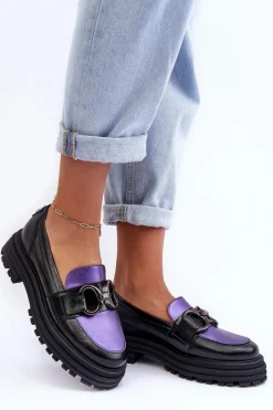 Półbuty Skórzane></noscript>Laura Messi Półbuty Loafersy Damskie Skórzane Na Płaskim Obcasie Czarno-Fioletowe Elkiza