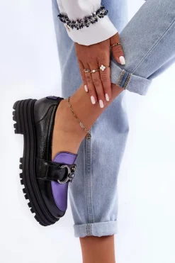 Półbuty Skórzane></noscript>Laura Messi Półbuty Loafersy Damskie Skórzane Na Płaskim Obcasie Czarno-Fioletowe Elkiza