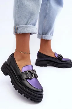 Półbuty Skórzane></noscript>Laura Messi Półbuty Loafersy Damskie Skórzane Na Płaskim Obcasie Czarno-Fioletowe Elkiza