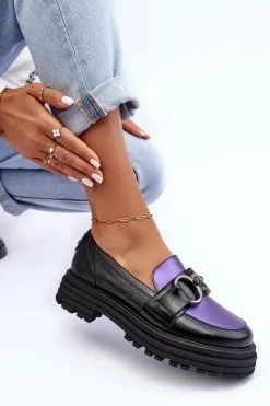 Półbuty Skórzane></noscript>Laura Messi Półbuty Loafersy Damskie Skórzane Na Płaskim Obcasie Czarno-Fioletowe Elkiza