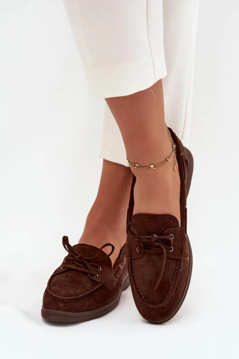 Outlet Półbuty Mokasyny Damskie Płaskie Z Wiązaniem Czekoladowe Zalina Damskie Loafersy Damskie|Mokasyny Płaskie