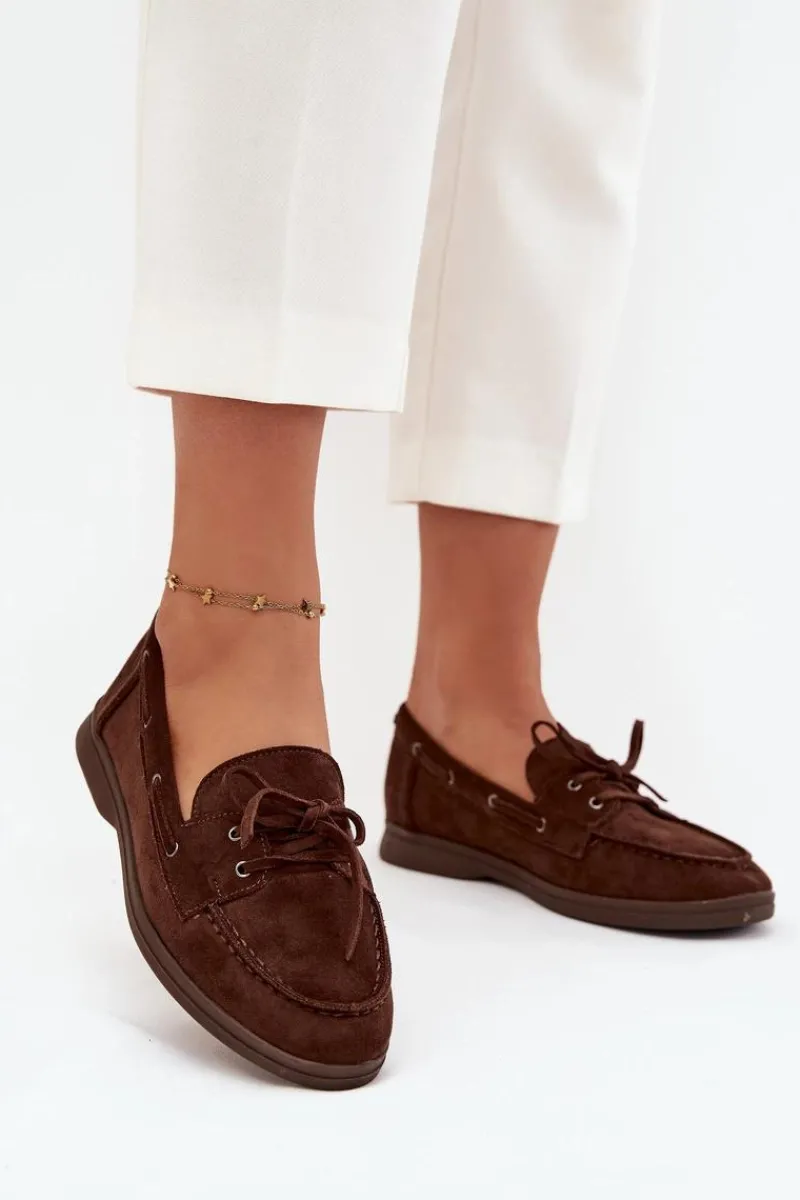 Outlet Półbuty Mokasyny Damskie Płaskie Z Wiązaniem Czekoladowe Zalina Damskie Loafersy Damskie|Mokasyny Płaskie