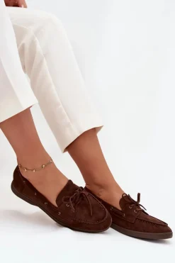 Outlet Półbuty Mokasyny Damskie Płaskie Z Wiązaniem Czekoladowe Zalina Damskie Loafersy Damskie|Mokasyny Płaskie