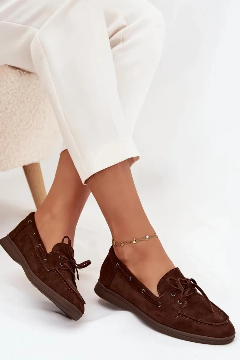 Outlet Półbuty Mokasyny Damskie Płaskie Z Wiązaniem Czekoladowe Zalina Damskie Loafersy Damskie|Mokasyny Płaskie