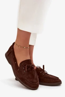 Outlet Półbuty Mokasyny Damskie Płaskie Z Wiązaniem Czekoladowe Zalina Damskie Loafersy Damskie|Mokasyny Płaskie
