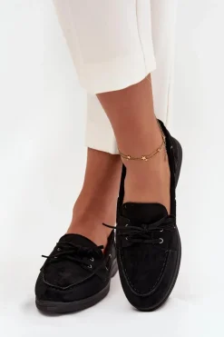 New Boto Półbuty Mokasyny Damskie Płaskie Z Wiązaniem Czarne Zalina Czarny