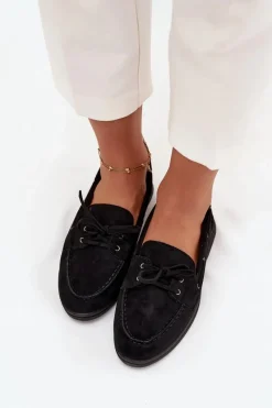 New Boto Półbuty Mokasyny Damskie Płaskie Z Wiązaniem Czarne Zalina Czarny