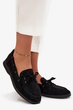 New Boto Półbuty Mokasyny Damskie Płaskie Z Wiązaniem Czarne Zalina Czarny