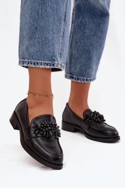 Hot Półbuty Mokasyny Damskie Z Ozdobą Czarne Murelle Damskie Loafersy Damskie|Półbuty Skórzane