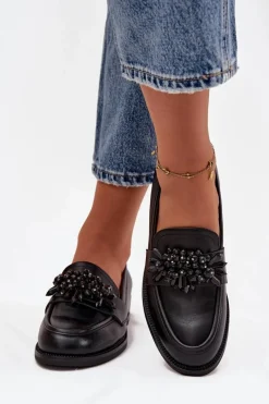 Hot Półbuty Mokasyny Damskie Z Ozdobą Czarne Murelle Damskie Loafersy Damskie|Półbuty Skórzane