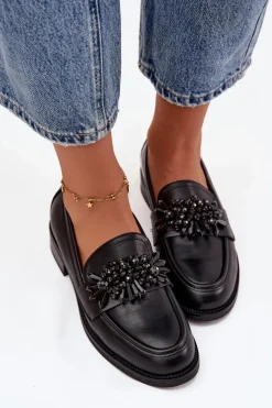 Hot Półbuty Mokasyny Damskie Z Ozdobą Czarne Murelle Damskie Loafersy Damskie|Półbuty Skórzane