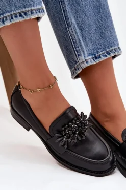 Hot Półbuty Mokasyny Damskie Z Ozdobą Czarne Murelle Damskie Loafersy Damskie|Półbuty Skórzane