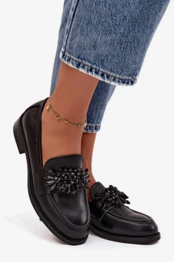 Hot Półbuty Mokasyny Damskie Z Ozdobą Czarne Murelle Damskie Loafersy Damskie|Półbuty Skórzane