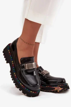 Outlet Artiker Półbuty Mokasyny Damskie Z Lakierowanej Skóry 57C0070 Czarne