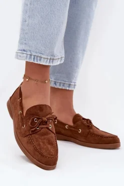 Loafersy Damskie|Mokasyny Płaskie></noscript>Boto Półbuty Mokasyny Damskie Z Wiązaniem Camel Calivra Brązowy