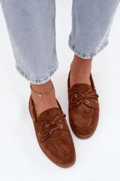 Loafersy Damskie|Mokasyny Płaskie></noscript>Boto Półbuty Mokasyny Damskie Z Wiązaniem Camel Calivra Brązowy
