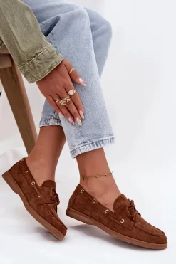 Loafersy Damskie|Mokasyny Płaskie></noscript>Boto Półbuty Mokasyny Damskie Z Wiązaniem Camel Calivra Brązowy