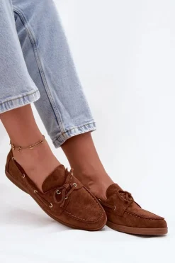Loafersy Damskie|Mokasyny Płaskie></noscript>Boto Półbuty Mokasyny Damskie Z Wiązaniem Camel Calivra Brązowy
