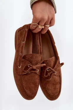 Loafersy Damskie|Mokasyny Płaskie></noscript>Boto Półbuty Mokasyny Damskie Z Wiązaniem Camel Calivra Brązowy