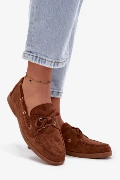 Loafersy Damskie|Mokasyny Płaskie></noscript>Boto Półbuty Mokasyny Damskie Z Wiązaniem Camel Calivra Brązowy